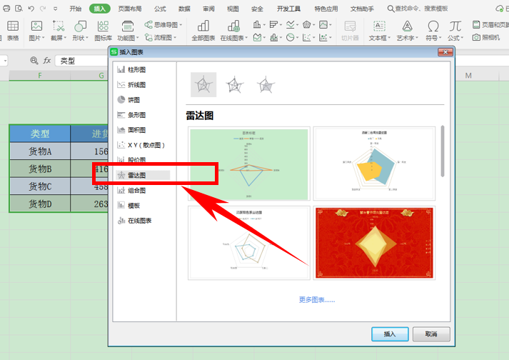 WPS中Excel中怎么制作雷達(dá)圖