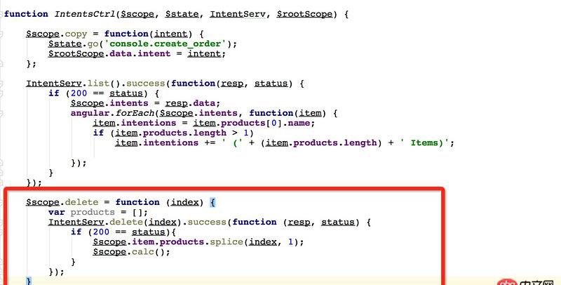 angular.js - 我該怎么寫(xiě)這個(gè)delete函數(shù)呢？ 我現(xiàn)在寫(xiě)成這樣了，但是只能刪除頁(yè)面的item，不能把刪除的部分傳給服務(wù)器