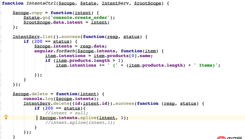angular.js - 我該怎么寫(xiě)這個(gè)delete函數(shù)呢？ 我現(xiàn)在寫(xiě)成這樣了，但是只能刪除頁(yè)面的item，不能把刪除的部分傳給服務(wù)器